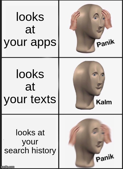 Panik Kalm Panik Meme | looks at your apps; looks at your texts; looks at your search history | image tagged in memes,panik kalm panik | made w/ Imgflip meme maker