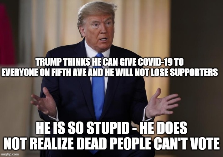 Impeached, Criminal, Conman, Psychopath, Pathological Liar, and now Mass Murderer | TRUMP THINKS HE CAN GIVE COVID-19 TO EVERYONE ON FIFTH AVE AND HE WILL NOT LOSE SUPPORTERS; HE IS SO STUPID - HE DOES NOT REALIZE DEAD PEOPLE CAN'T VOTE | image tagged in donald trump is an idiot,covid-19,coronavirus | made w/ Imgflip meme maker