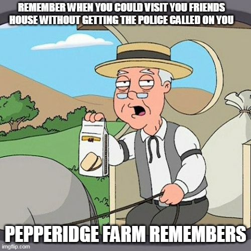 Pepperidge Farm Remembers | REMEMBER WHEN YOU COULD VISIT YOU FRIENDS HOUSE WITHOUT GETTING THE POLICE CALLED ON YOU; PEPPERIDGE FARM REMEMBERS | image tagged in memes,pepperidge farm remembers,friends,covid-19 | made w/ Imgflip meme maker