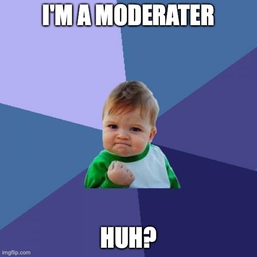 Why? And what is this thing anyway? | I'M A MODERATER; HUH? | image tagged in memes,success kid,moderators | made w/ Imgflip meme maker