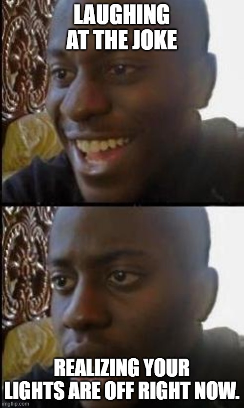Disappointed Black Guy | LAUGHING AT THE JOKE REALIZING YOUR LIGHTS ARE OFF RIGHT NOW. | image tagged in disappointed black guy | made w/ Imgflip meme maker