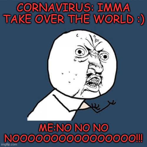 Y U No | CORNAVIRUS: IMMA TAKE OVER THE WORLD :); ME:NO NO NO NOOOOOOOOOOOOOOOO!!! | image tagged in memes,y u no | made w/ Imgflip meme maker