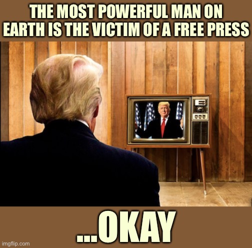 The “Trump is a victim of the press” stuff is wearing thin. Man up and do your job. | THE MOST POWERFUL MAN ON EARTH IS THE VICTIM OF A FREE PRESS; ...OKAY | image tagged in trump watching trump on tv,mainstream media,freedom of the press,freedom of speech,president trump,trump is a moron | made w/ Imgflip meme maker