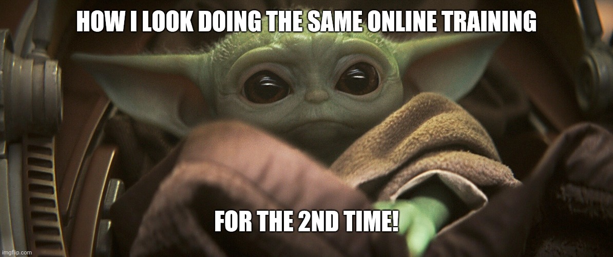 Online training | HOW I LOOK DOING THE SAME ONLINE TRAINING; FOR THE 2ND TIME! | image tagged in baby yoda | made w/ Imgflip meme maker
