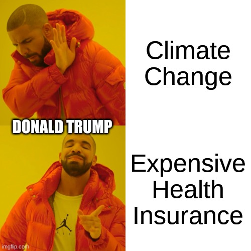 Drake Hotline Bling Meme | Climate Change Expensive Health Insurance DONALD TRUMP | image tagged in memes,drake hotline bling | made w/ Imgflip meme maker
