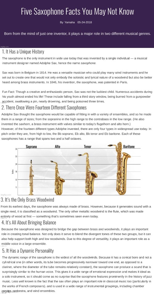 Idk I'm researching stuff about Brass and Woodwinds for a school project so if ya got anything be sure to let me know!!! | image tagged in 5 saxophone facts you may not know | made w/ Imgflip meme maker