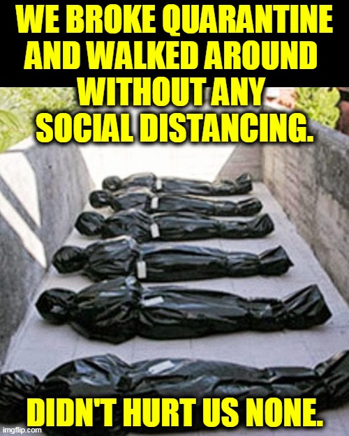 Lockdown doesn't matter when you're in a meat locker. | WE BROKE QUARANTINE
AND WALKED AROUND 
WITHOUT ANY 
SOCIAL DISTANCING. DIDN'T HURT US NONE. | image tagged in stylish body bags for libertarians,coronavirus,covid-19,lockdown,quarantine,tyranny | made w/ Imgflip meme maker
