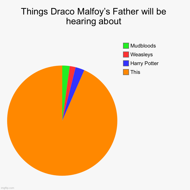 Things Draco Malfoy’s Father will be hearing about | Things Draco Malfoy’s Father will be hearing about | This, Harry Potter, Weasleys, Mudbloods | image tagged in charts,pie charts | made w/ Imgflip chart maker