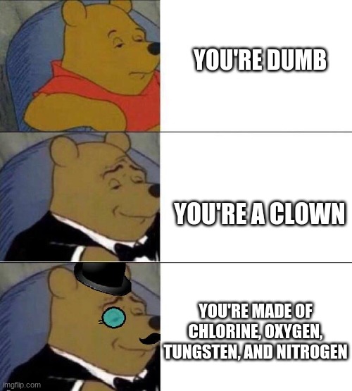 It stands for clown | YOU'RE DUMB; YOU'RE A CLOWN; YOU'RE MADE OF CHLORINE, OXYGEN, TUNGSTEN, AND NITROGEN | image tagged in clown | made w/ Imgflip meme maker
