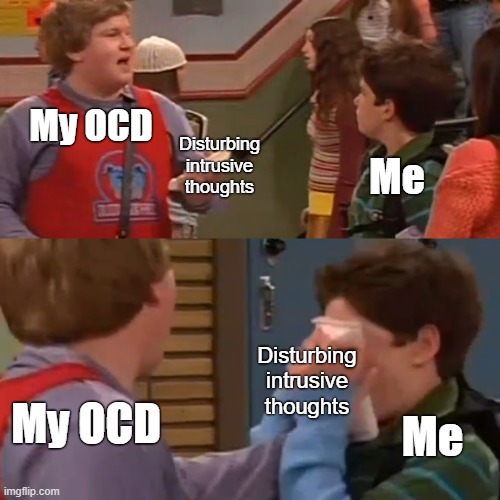 My OCD Brain Shoving Intrusive Thoughts in My Face | My OCD; Disturbing intrusive thoughts; Me; Disturbing intrusive thoughts; My OCD; Me | image tagged in duke's kneepad,ocd,obsessive-compulsive,mental illness,anxiety | made w/ Imgflip meme maker