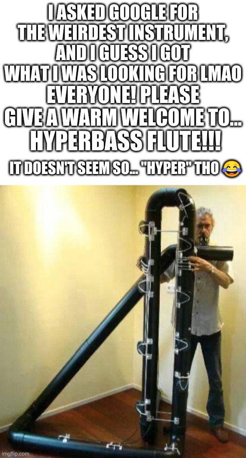 Hyperbass Flute lmao | I ASKED GOOGLE FOR THE WEIRDEST INSTRUMENT, AND I GUESS I GOT WHAT I WAS LOOKING FOR LMAO; EVERYONE! PLEASE GIVE A WARM WELCOME TO... HYPERBASS FLUTE!!! IT DOESN'T SEEM SO... "HYPER" THO 😂 | image tagged in blank white template | made w/ Imgflip meme maker