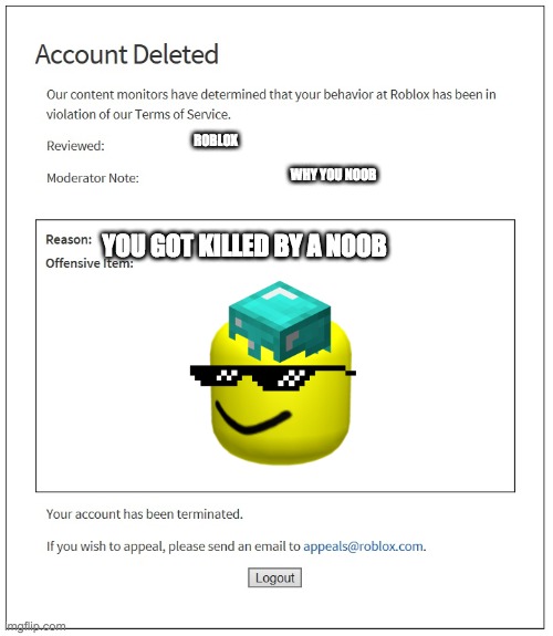 Banned From Roblox Imgflip - offensive item roblox account deleted