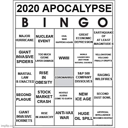 Blank Bingo Card | 2020 APOCALYPSE; EARTHQUAKE OF AT LEAST MAGNITUDE 6; GREAT ECONOMIC DEPRESSION; MAJOR HURRICANE; NUCLEAR EVENT; CIVIL WAR HAPPENS AGAIN; YELLOWSTONE VOLCANO FINALLY ERUPTS; GIANT INVASIVE SPIDERS; WWIII; TOO MUCH OZONE LAYER DAMAGE; WORLD LEADER DIES (NOT FROM NATURAL CAUSES); RISE IN OBESITY; MARTIAL LAW IS ENACTED; RAGING WILDFIRES; S&P 500 COMPANY DISSOLVES; CORONAVIRUS; SECOND DUST BOWL; HOSTILE ALIENS COME TO EARTH; NEW ICE AGE; STOCK MARKET CRASH; SECOND PLAGUE; GIANT INVASIVE HORNETS; ARTIFICIAL INTELLIGENCE BECOMES HOSTILE; RISE IN ANARCHY; ANTI-VAX WAR; HUGE OIL SPILL | image tagged in blank bingo card | made w/ Imgflip meme maker