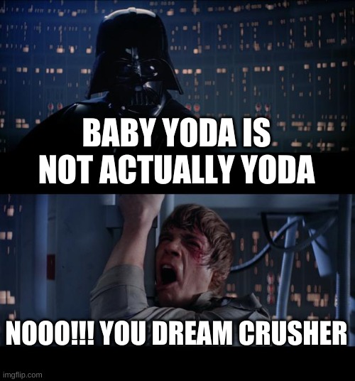 Star Wars No Meme | BABY YODA IS NOT ACTUALLY YODA; NOOO!!! YOU DREAM CRUSHER | image tagged in memes,star wars no | made w/ Imgflip meme maker