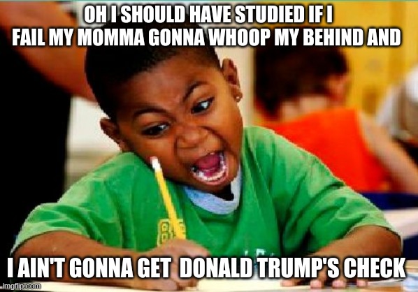 Funny Kid Testing | OH I SHOULD HAVE STUDIED IF I FAIL MY MOMMA GONNA WHOOP MY BEHIND AND; I AIN'T GONNA GET  DONALD TRUMP'S CHECK | image tagged in funny kid testing | made w/ Imgflip meme maker