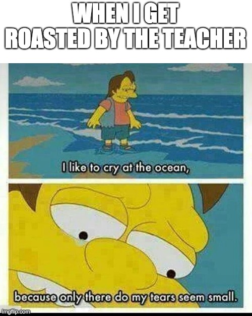 i hurts. i should know | WHEN I GET ROASTED BY THE TEACHER | image tagged in i like to cry at the ocean | made w/ Imgflip meme maker