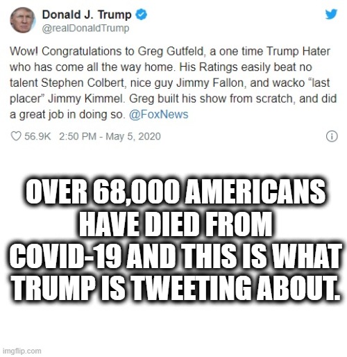 Normal Americans consider Trump supporters ignorant sociopaths. | OVER 68,000 AMERICANS HAVE DIED FROM COVID-19 AND THIS IS WHAT TRUMP IS TWEETING ABOUT. | image tagged in ratings,donald trump,covid-19,coronavirus,twitter,failure | made w/ Imgflip meme maker