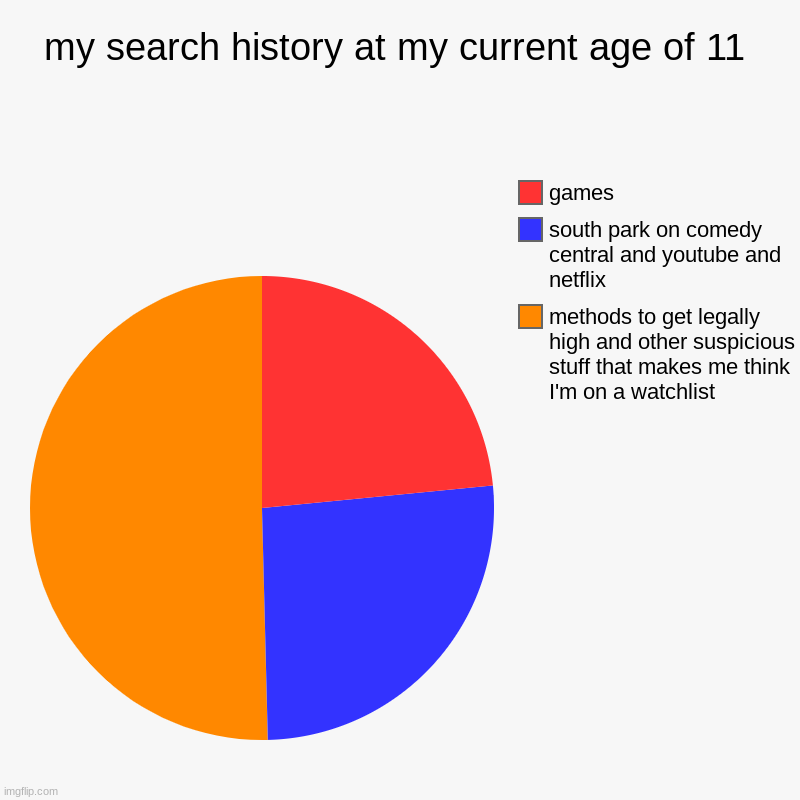 my search history at my current age of 11 | methods to get legally high and other suspicious stuff that makes me think I'm on a watchlist, s | image tagged in charts,pie charts | made w/ Imgflip chart maker
