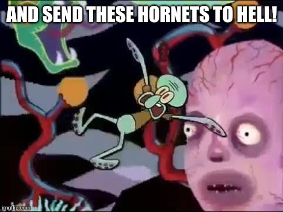 Squidward falling in hell | AND SEND THESE HORNETS TO HELL! | image tagged in squidward falling in hell | made w/ Imgflip meme maker