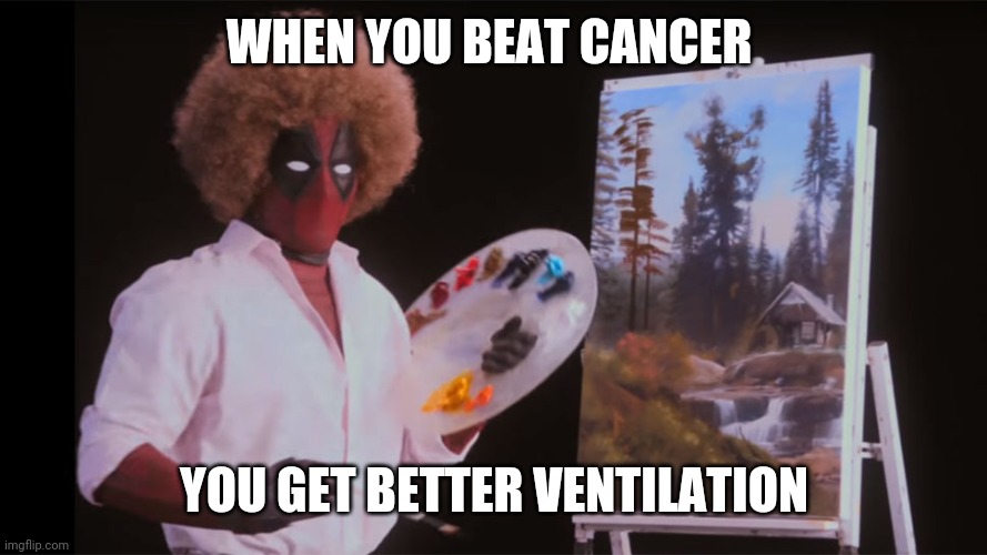 Painthinner is a b!tch | WHEN YOU BEAT CANCER; YOU GET BETTER VENTILATION | image tagged in bob ross deadpool | made w/ Imgflip meme maker