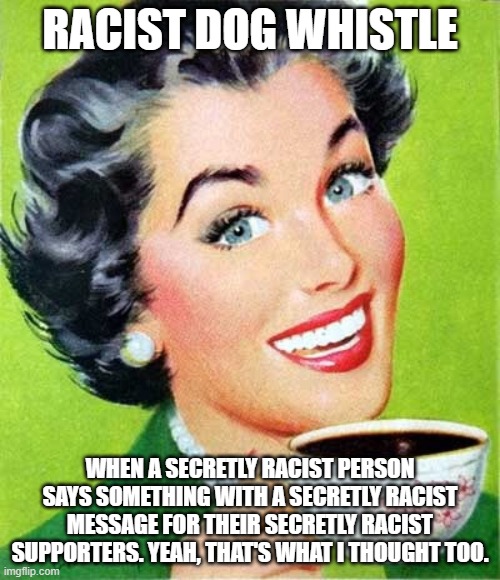 Mom | RACIST DOG WHISTLE; WHEN A SECRETLY RACIST PERSON SAYS SOMETHING WITH A SECRETLY RACIST MESSAGE FOR THEIR SECRETLY RACIST SUPPORTERS. YEAH, THAT'S WHAT I THOUGHT TOO. | image tagged in mom,racist,racist dog whistle | made w/ Imgflip meme maker