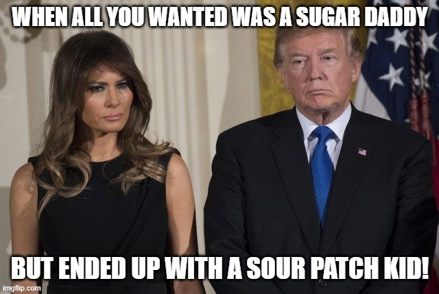 Donald & Melania | WHEN ALL YOU WANTED WAS A SUGAR DADDY; BUT ENDED UP WITH A SOUR PATCH KID! | image tagged in melania trump,donald trump | made w/ Imgflip meme maker