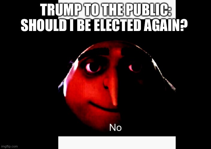 Anti trump | TRUMP TO THE PUBLIC: SHOULD I BE ELECTED AGAIN? | image tagged in trump | made w/ Imgflip meme maker