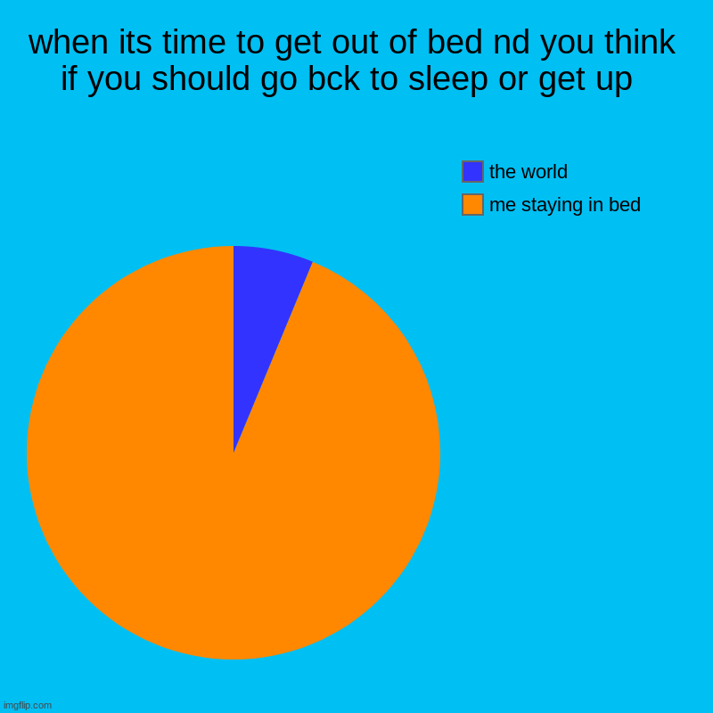 when its time to get out of bed nd you think if you should go bck to sleep or get up  | me staying in bed , the world | image tagged in charts,pie charts | made w/ Imgflip chart maker