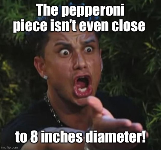 DJ Pauly D Meme | The pepperoni piece isn’t even close to 8 inches diameter! | image tagged in memes,dj pauly d | made w/ Imgflip meme maker