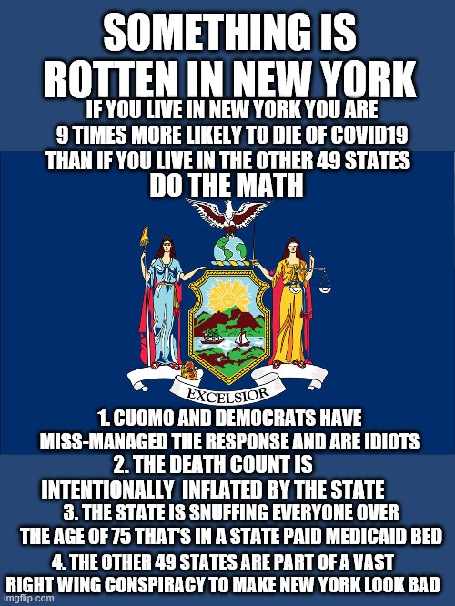 hmmmmm | SOMETHING IS ROTTEN IN NEW YORK; IF YOU LIVE IN NEW YORK YOU ARE 9 TIMES MORE LIKELY TO DIE OF COVID19 THAN IF YOU LIVE IN THE OTHER 49 STATES; DO THE MATH; 1. CUOMO AND DEMOCRATS HAVE MISS-MANAGED THE RESPONSE AND ARE IDIOTS; 2. THE DEATH COUNT IS INTENTIONALLY  INFLATED BY THE STATE; 3. THE STATE IS SNUFFING EVERYONE OVER THE AGE OF 75 THAT'S IN A STATE PAID MEDICAID BED; 4. THE OTHER 49 STATES ARE PART OF A VAST RIGHT WING CONSPIRACY TO MAKE NEW YORK LOOK BAD | image tagged in new york,andrew cuomo,democrats,2020 elections,covid19 | made w/ Imgflip meme maker