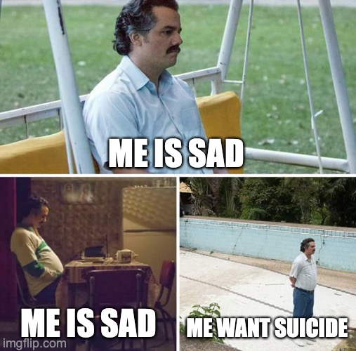 Sad Pablo Escobar | ME IS SAD; ME IS SAD; ME WANT SUICIDE | image tagged in memes,sad pablo escobar | made w/ Imgflip meme maker