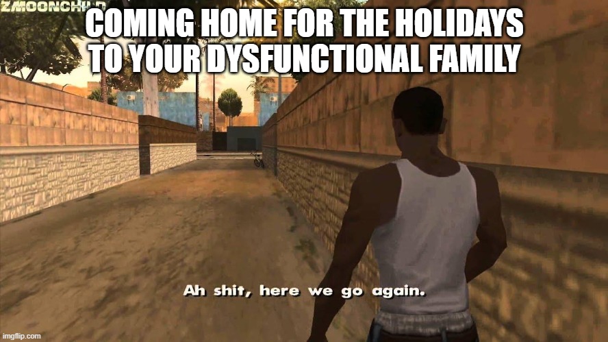 Here we go again | COMING HOME FOR THE HOLIDAYS TO YOUR DYSFUNCTIONAL FAMILY | image tagged in here we go again | made w/ Imgflip meme maker