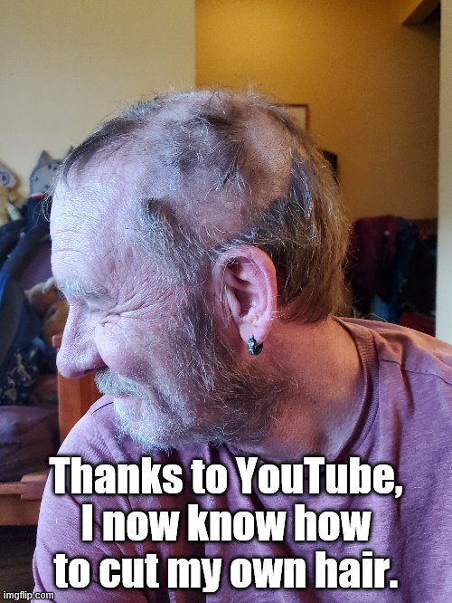 Thanks to YouTube, I now know how to cut my own hair. | image tagged in haircut,coronavirus,youtube,do it yourself | made w/ Imgflip meme maker