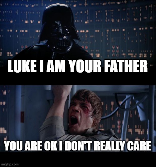 Star Wars No Meme | LUKE I AM YOUR FATHER; YOU ARE OK I DON'T REALLY CARE | image tagged in memes,star wars no | made w/ Imgflip meme maker