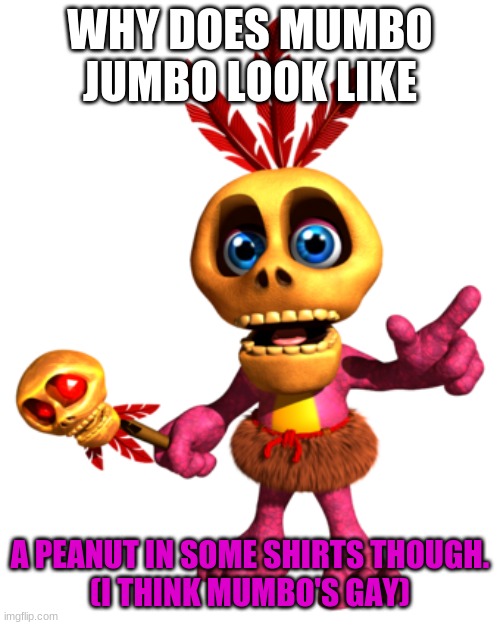 WHY DOES MUMBO JUMBO LOOK LIKE; A PEANUT IN SOME SHIRTS THOUGH.
(I THINK MUMBO'S GAY) | image tagged in banjo kazooie | made w/ Imgflip meme maker