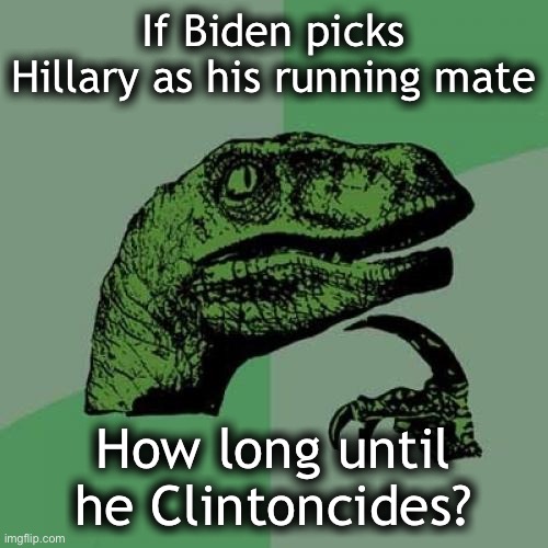 Odds anyone? | If Biden picks Hillary as his running mate; How long until he Clintoncides? | image tagged in clinton corruption | made w/ Imgflip meme maker