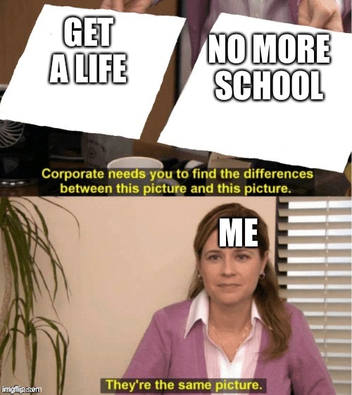 They’re the same thing | GET A LIFE NO MORE SCHOOL ME | image tagged in theyre the same thing | made w/ Imgflip meme maker