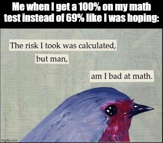 Calculated risk birb | Me when I get a 100% on my math test instead of 69% like I was hoping: | image tagged in calculated risk birb | made w/ Imgflip meme maker