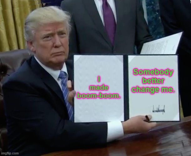 Trump Bill Signing | I made boom-boom. Somebody better change me. | image tagged in memes,trump bill signing | made w/ Imgflip meme maker