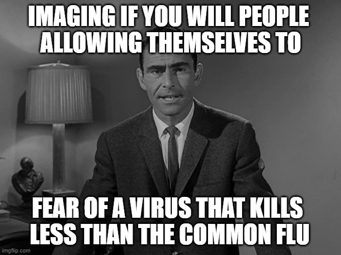 Twilight Virus | IMAGING IF YOU WILL PEOPLE 
ALLOWING THEMSELVES TO; FEAR OF A VIRUS THAT KILLS 
LESS THAN THE COMMON FLU | image tagged in rod sterling | made w/ Imgflip meme maker