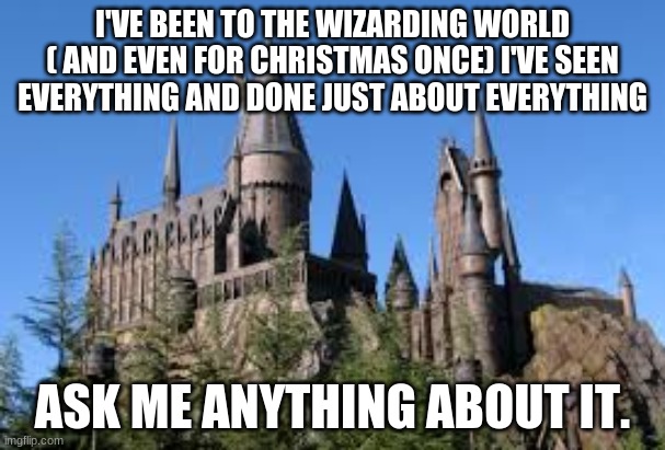 Ask me anything you want. | I'VE BEEN TO THE WIZARDING WORLD ( AND EVEN FOR CHRISTMAS ONCE) I'VE SEEN EVERYTHING AND DONE JUST ABOUT EVERYTHING; ASK ME ANYTHING ABOUT IT. | image tagged in universal studios,hogwarts,q na | made w/ Imgflip meme maker