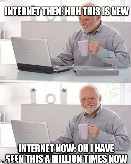 Yup what has the internet turned into | INTERNET THEN: HUH THIS IS NEW; INTERNET NOW: OH I HAVE SEEN THIS A MILLION TIMES NOW | image tagged in memes,hide the pain harold | made w/ Imgflip meme maker