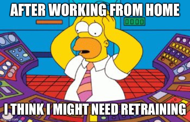Back to work | AFTER WORKING FROM HOME; I THINK I MIGHT NEED RETRAINING | image tagged in homer simpson plant buttons,lockdown,coronavirus | made w/ Imgflip meme maker