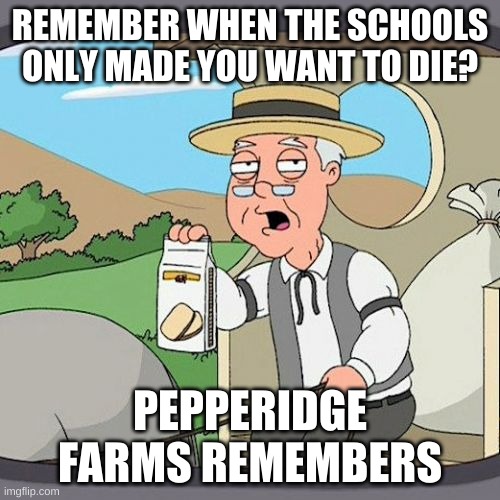 Pepperidge Farm Remembers Meme | REMEMBER WHEN THE SCHOOLS ONLY MADE YOU WANT TO DIE? PEPPERIDGE FARMS REMEMBERS | image tagged in memes,pepperidge farm remembers | made w/ Imgflip meme maker