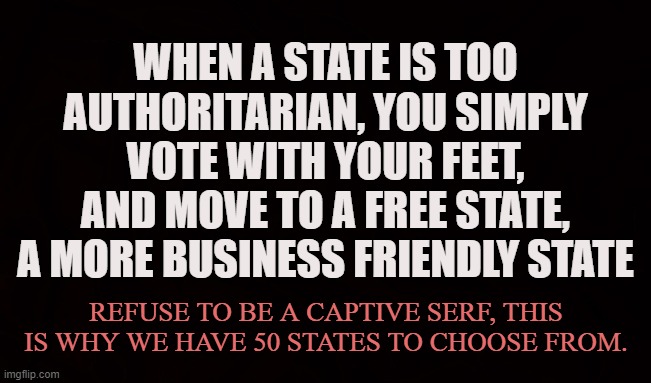 Brick and Mortar | WHEN A STATE IS TOO AUTHORITARIAN, YOU SIMPLY VOTE WITH YOUR FEET, AND MOVE TO A FREE STATE, A MORE BUSINESS FRIENDLY STATE; REFUSE TO BE A CAPTIVE SERF, THIS IS WHY WE HAVE 50 STATES TO CHOOSE FROM. | image tagged in business,entrepreneur,states,covid-19,coronavirus,trump | made w/ Imgflip meme maker