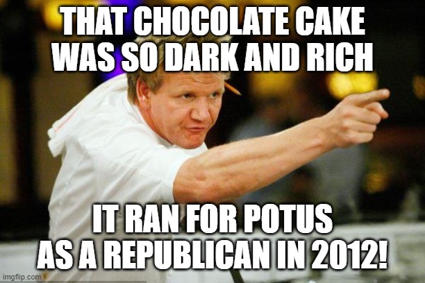 Chef Gordon Ramsay Angry Pointing | THAT CHOCOLATE CAKE WAS SO DARK AND RICH; IT RAN FOR POTUS AS A REPUBLICAN IN 2012! | image tagged in chef gordon ramsay angry pointing,chef ramsay,chef gordon ramsay,gordon ramsay,cake,food memes | made w/ Imgflip meme maker