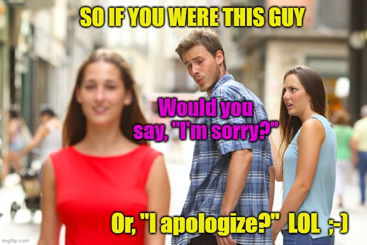 Distracted Boyfriend Meme | SO IF YOU WERE THIS GUY Would you say, "I'm sorry?" Or, "I apologize?"  LOL  ;-) | image tagged in memes,distracted boyfriend | made w/ Imgflip meme maker
