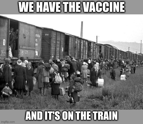 Your "vaccine" is here | WE HAVE THE VACCINE; AND IT'S ON THE TRAIN | image tagged in vaccines,political meme,wuhan ccp virus,evil government | made w/ Imgflip meme maker