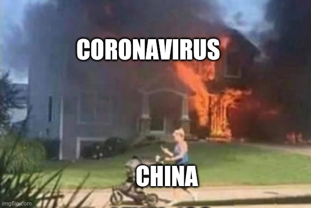 Woman cant see fire , fire is normal | CORONAVIRUS; CHINA | image tagged in no | made w/ Imgflip meme maker