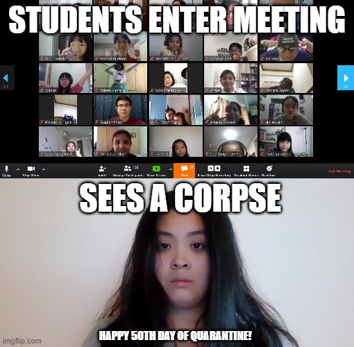 Sees a corpse | STUDENTS ENTER MEETING; SEES A CORPSE; HAPPY 50TH DAY OF QUARANTINE! | image tagged in teachers,online school | made w/ Imgflip meme maker